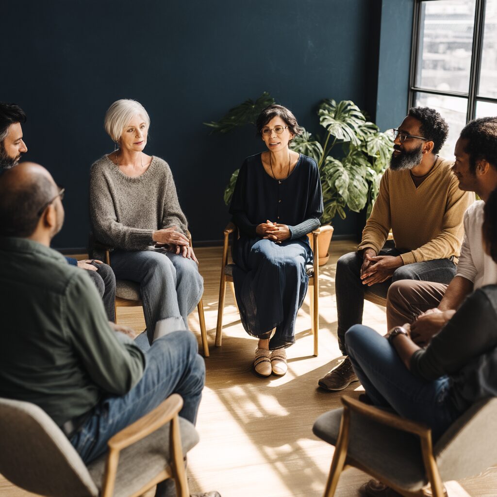 Clinicians sitting in a circle in conversation, evoking the In Dialogue series and the collaborative spirit of schema therapy practice