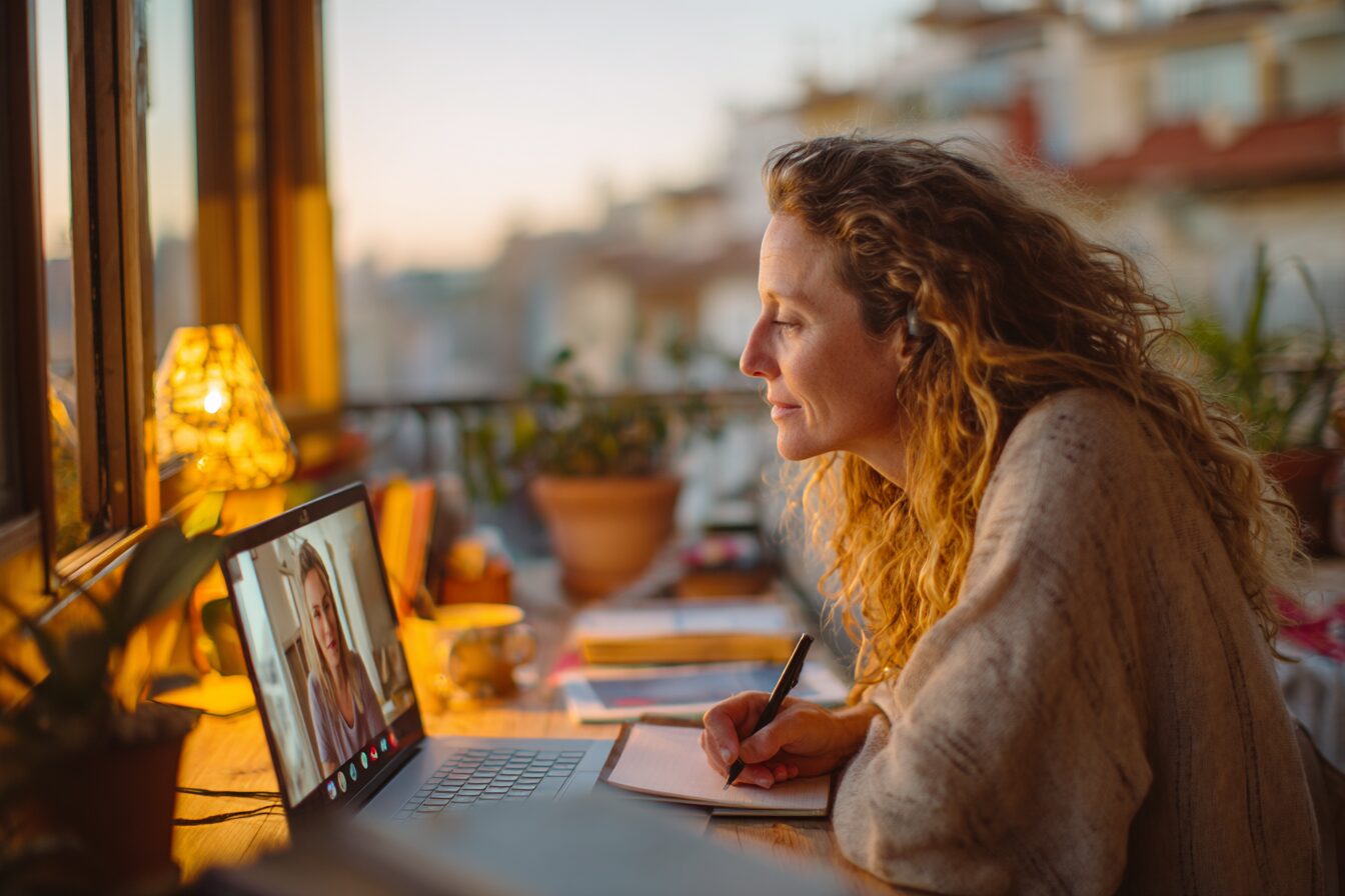 A clinician streams a JYSTA In Dialogue session from her home office, part of a global schema therapy learning community.