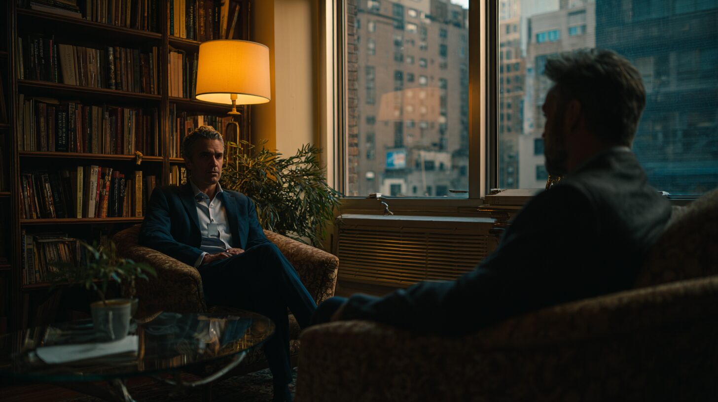 A therapist sits with a client whose composed exterior begins to soften, illustrating where schema therapy for hypersexuality begins.
