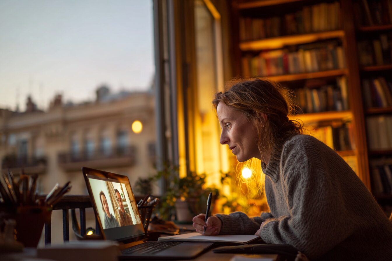 A clinician joins JYSTA's live In Dialogue session on schema therapy from her home office, part of a global learning community.