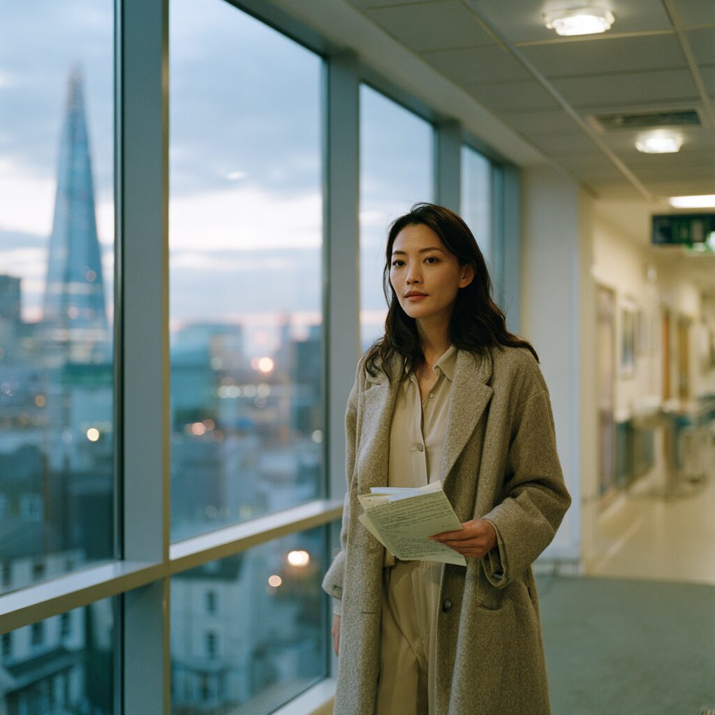 Schema therapist leaving a quiet London clinic after work.