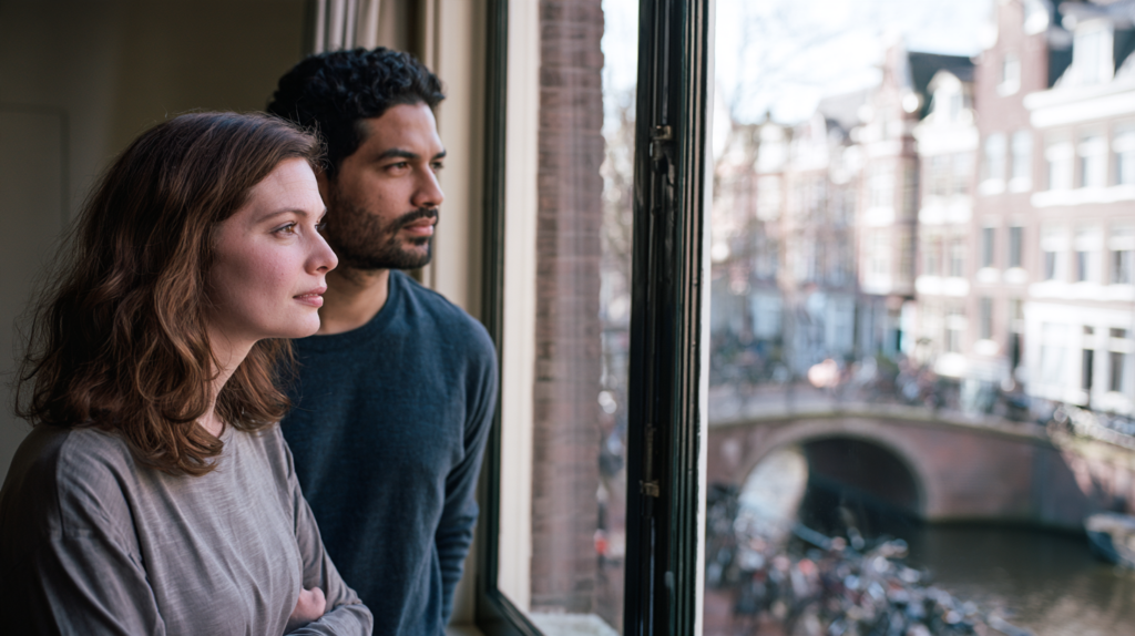 Couple standing close together at a window, one partner turned slightly away from the other