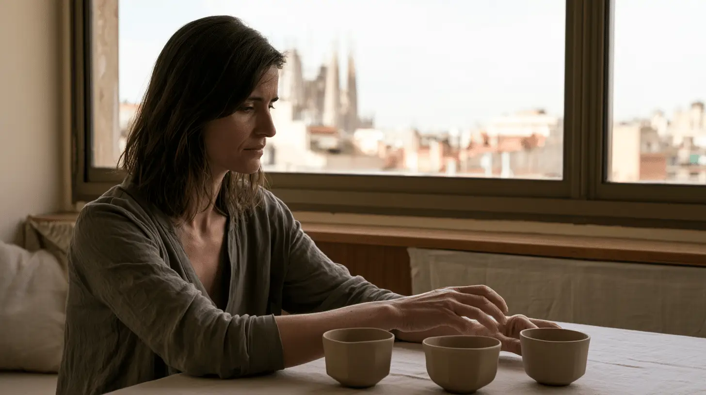Woman reflecting on compliance and identity in schema modes with Barcelona’s Sagrada Família in the background.