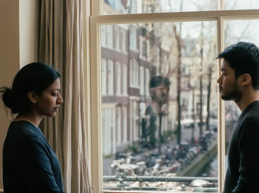 Enmeshment schema represented by two adults whose identities appear visually blurred together beside an Amsterdam canal.
