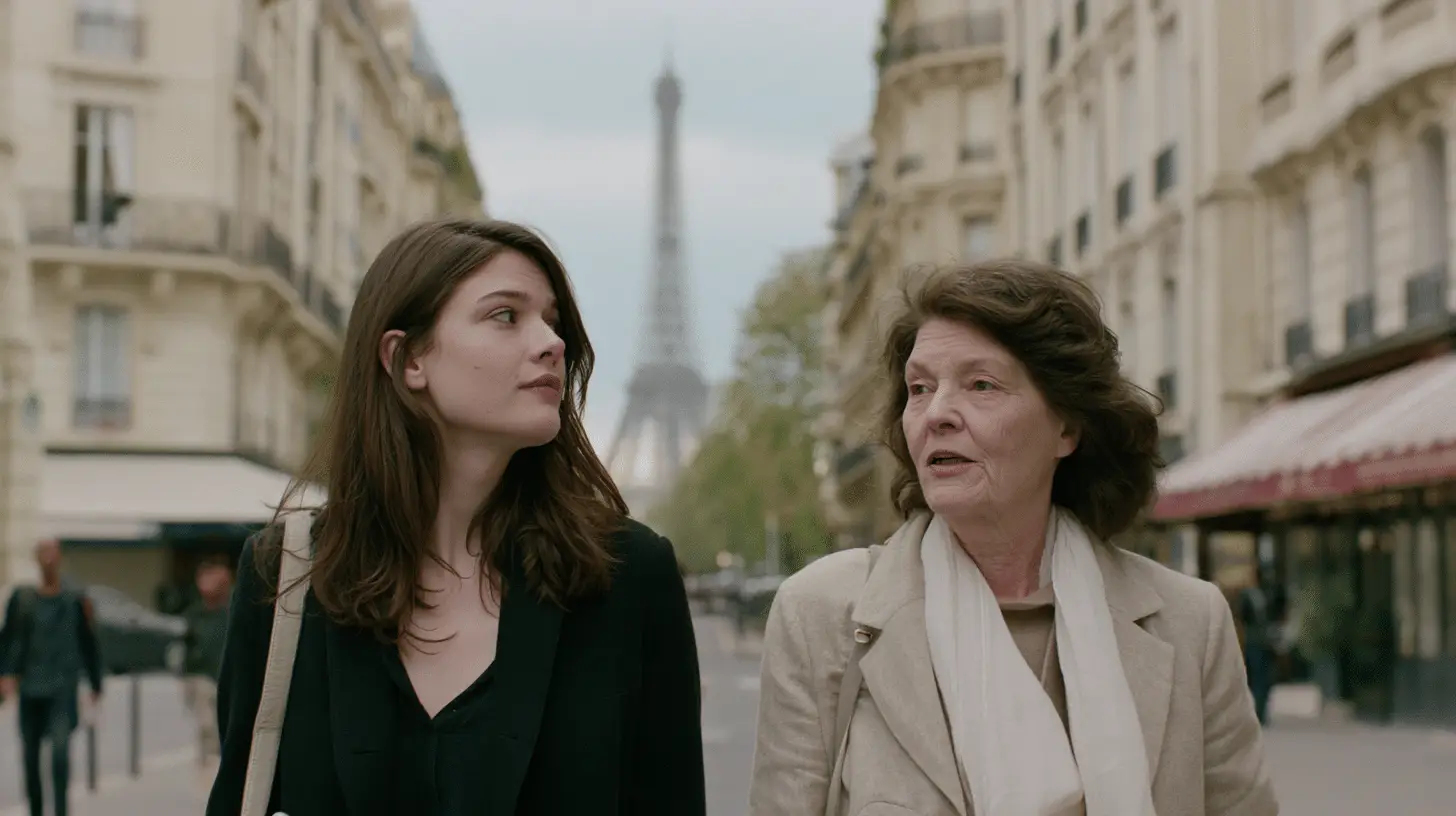 Adult daughter and mother walking closely together in Paris, illustrating blurred identity in the enmeshment schema.