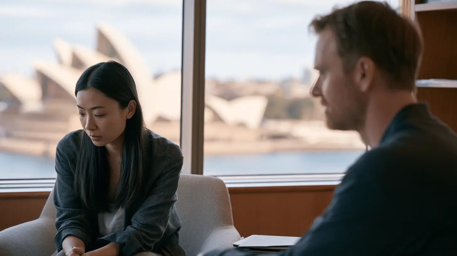 Schema therapist supporting a client’s autonomy during therapy with Sydney Harbour visible in the background.