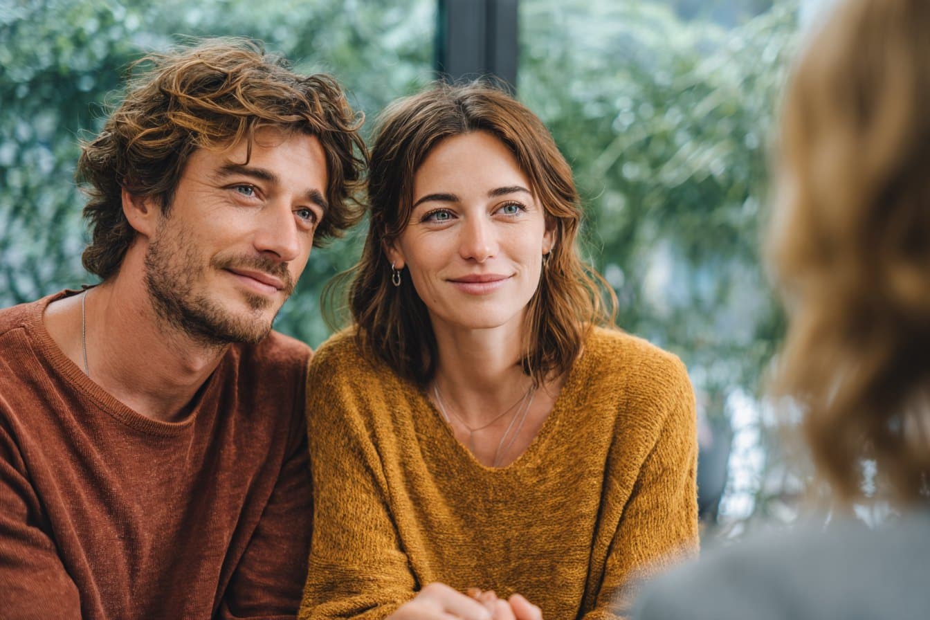 Couple sitting close together facing their therapist during an assessment of low sexual desire