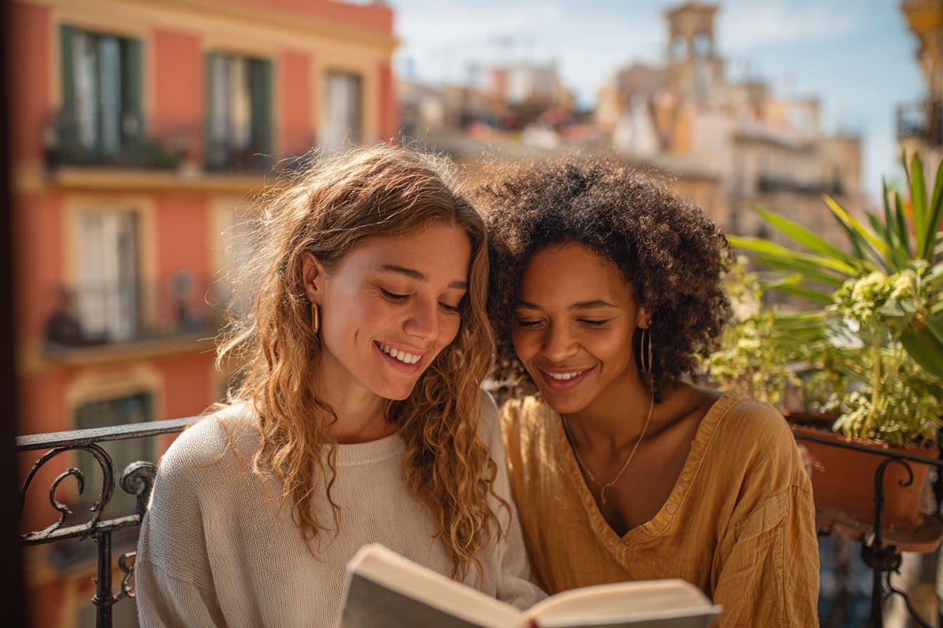 Two women reading a book together on a sunny city balcony