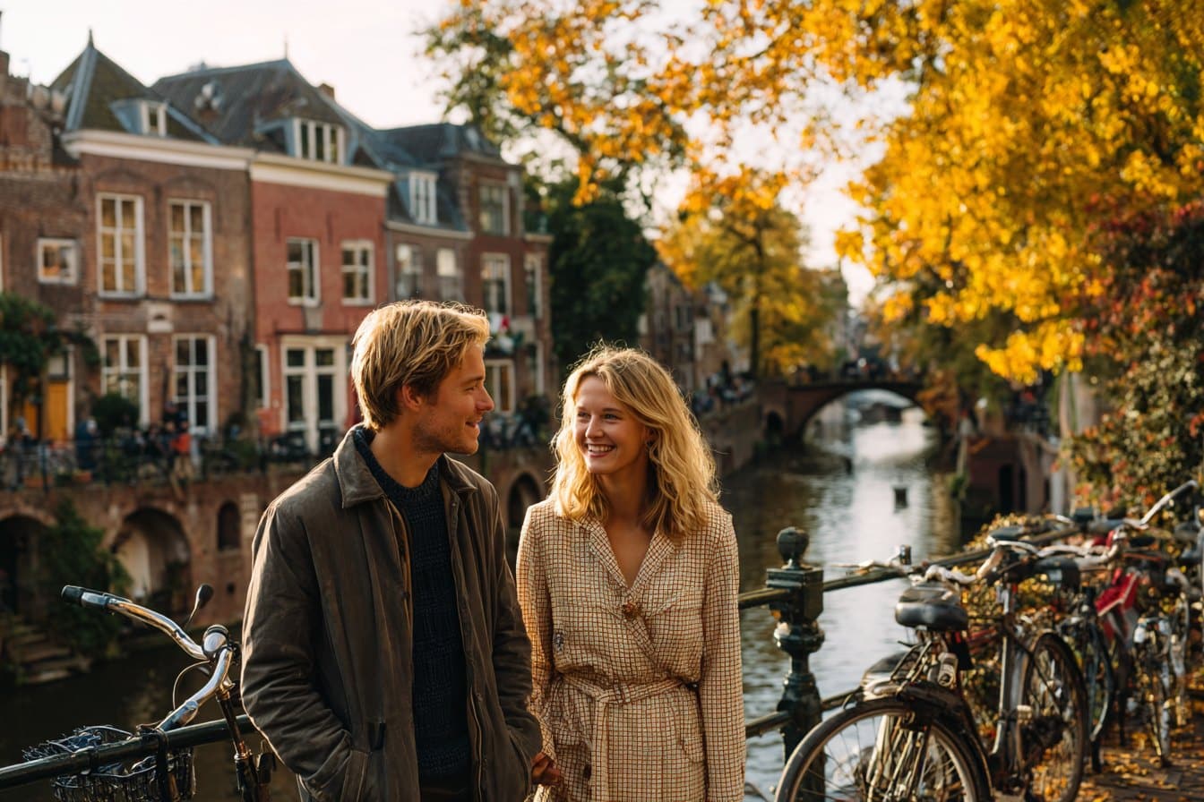 Couple smiling at each other beside a Dutch canal on an autumn afternoon