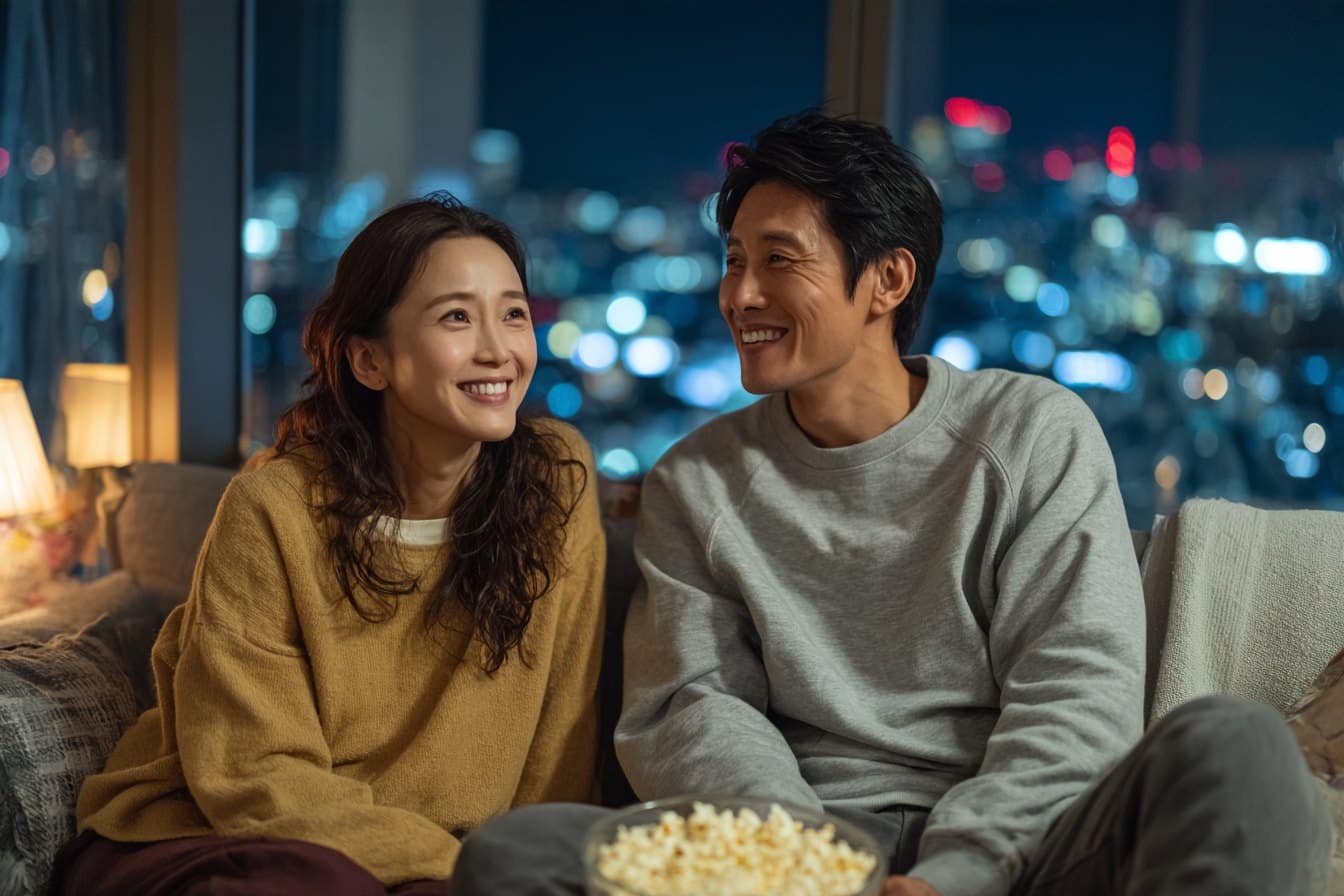 Korean couple sharing popcorn and talking about a film on their sofa in a Seoul apartment
