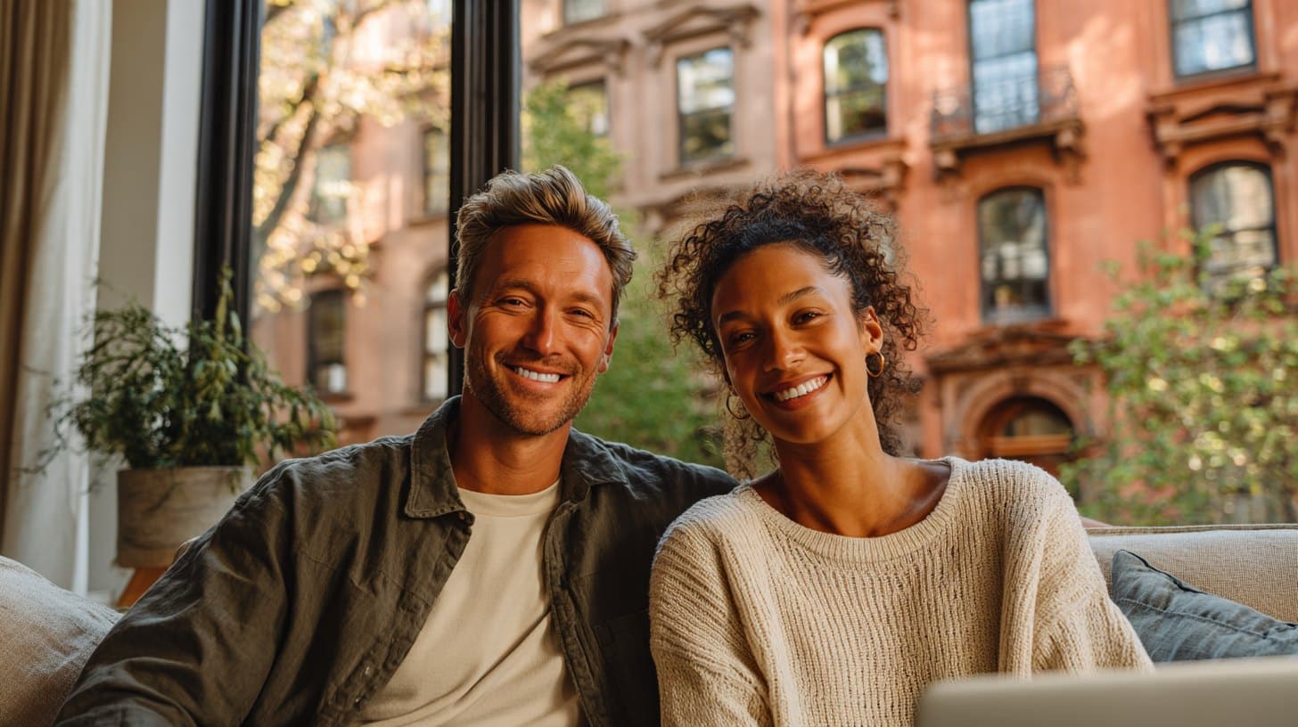 Smiling couple on a sofa in a brownstone apartment, ready to start couples therapy online