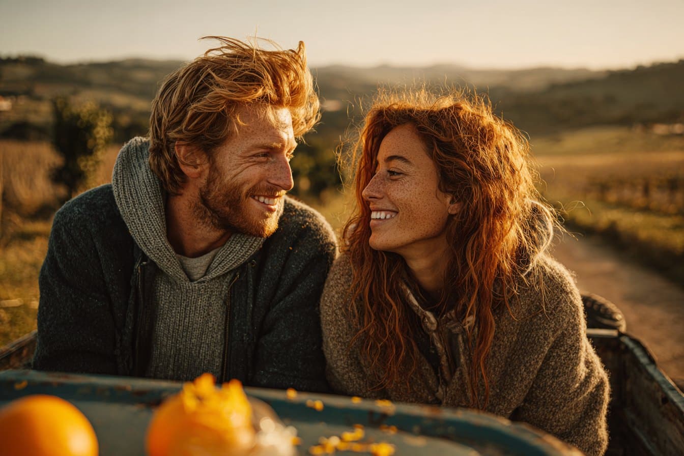Red-haired couple laughing on a car hood with oranges in the countryside, a shared safe place memory