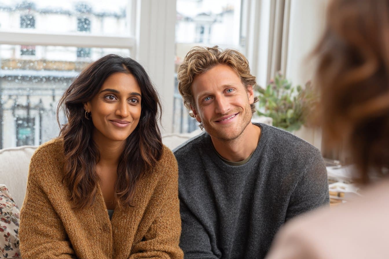 Couple sitting together on a sofa, smiling at their therapist during a couples therapy session