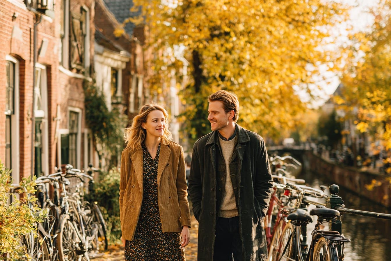 Couple walking together along a canal lined with bicycles and yellow autumn trees