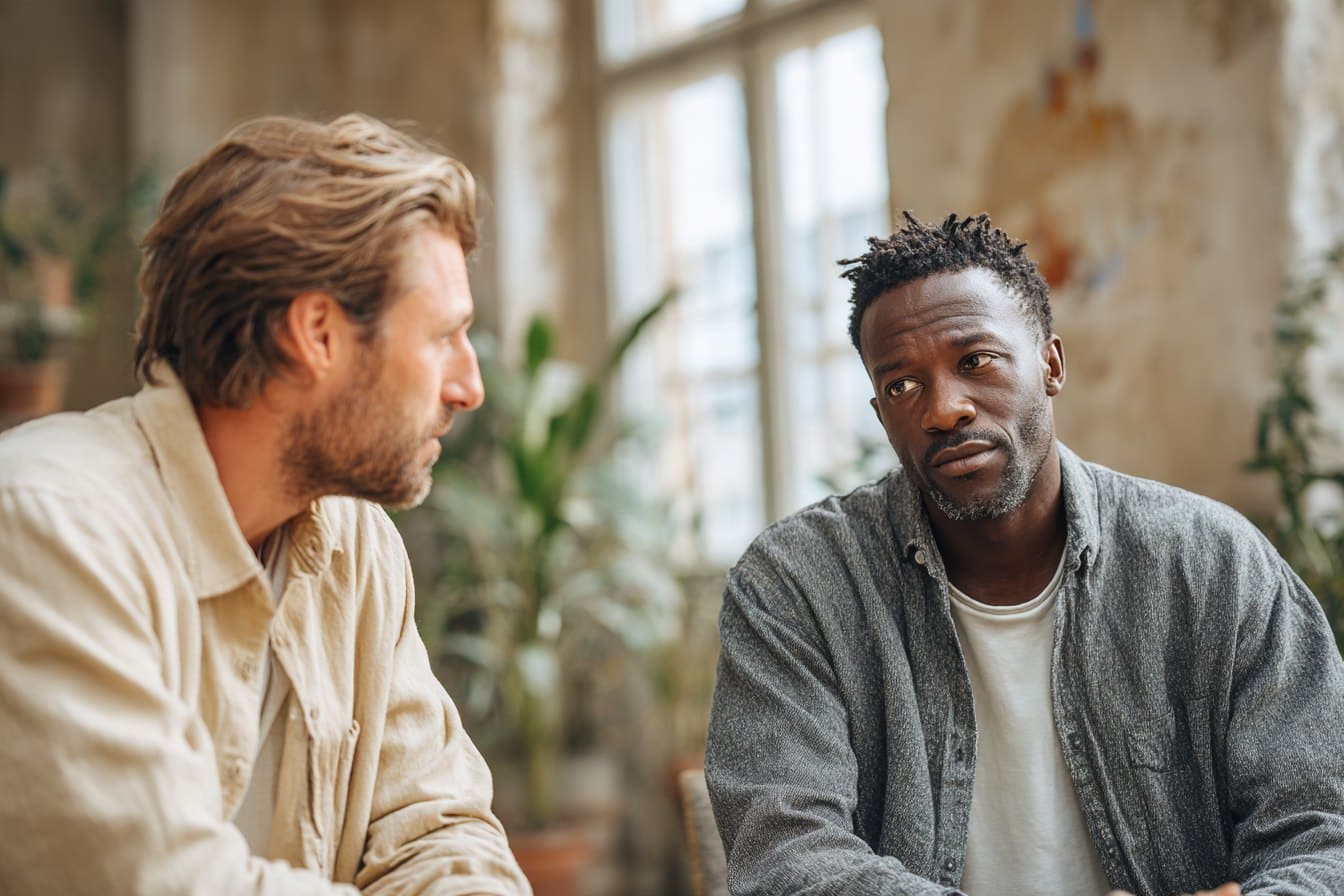 Two men talking seriously in a sunlit loft as they reconnect after a fight