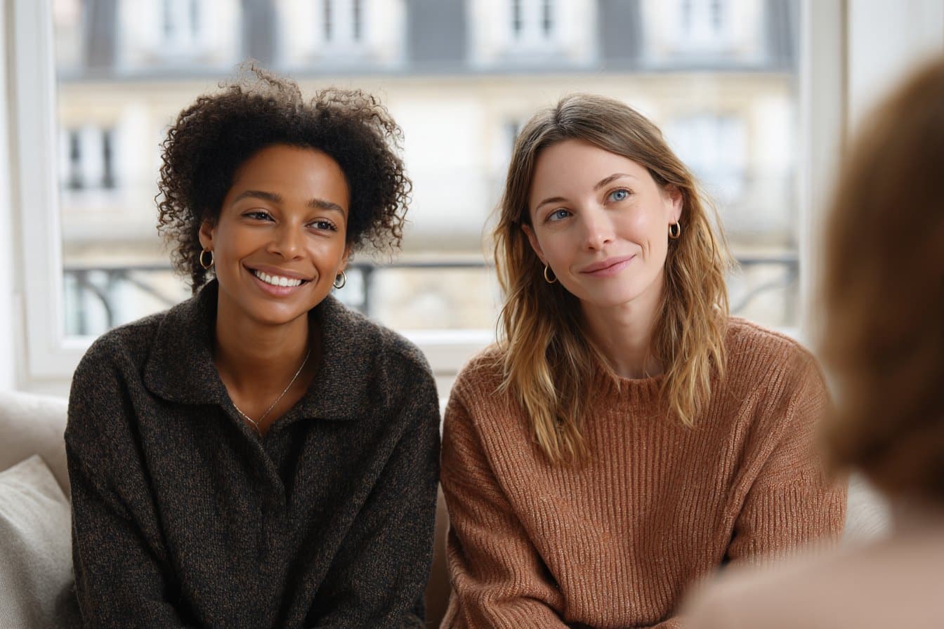 Two women sitting together and smiling during a couples therapy session