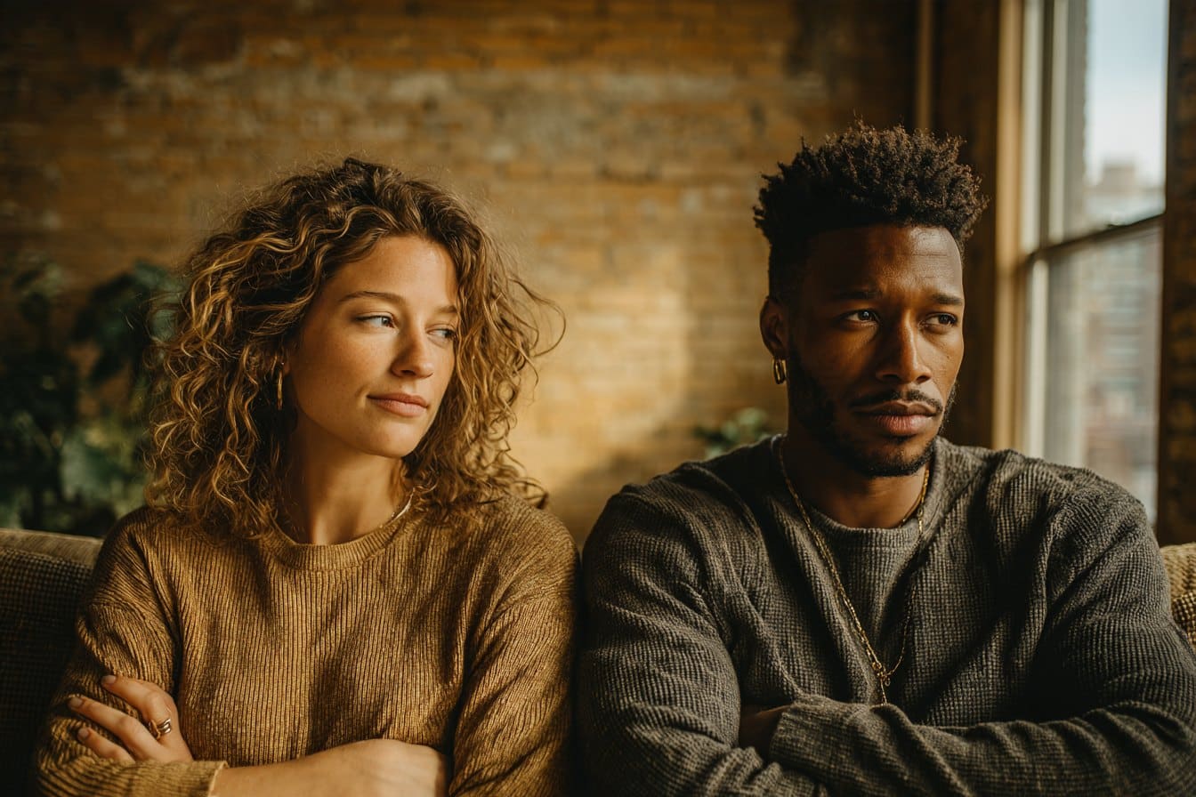 Couple sitting apart on a sofa with arms crossed after a mode cycle about sex