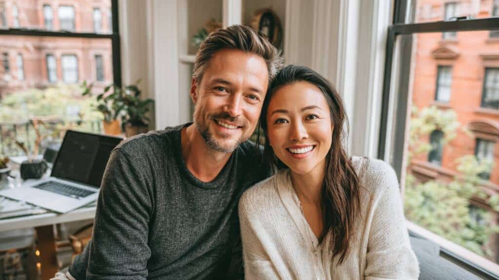 Couple smiling together on a sofa in a Manhattan brownstone apartment during an online couples therapy session