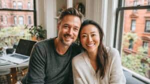 Couple smiling together on a sofa in a Manhattan brownstone apartment during an online couples therapy session