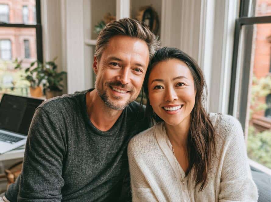 Couple smiling together on a sofa in a Manhattan brownstone apartment during an online couples therapy session
